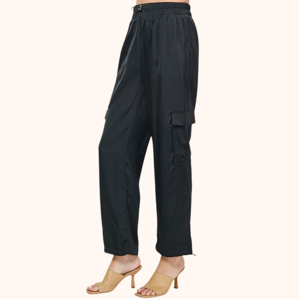 Black Elastic Drawstring Satin Jogger