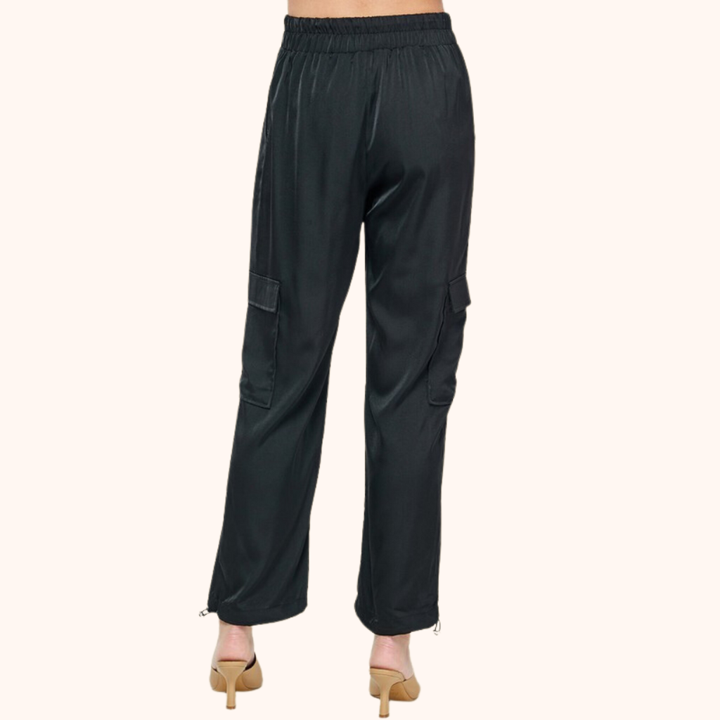 Black Elastic Drawstring Satin Jogger