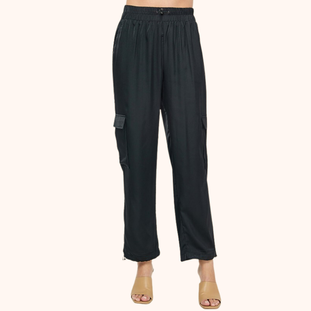 Black Elastic Drawstring Satin Jogger