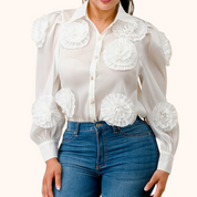 Button Down 3D Flower Trim Top