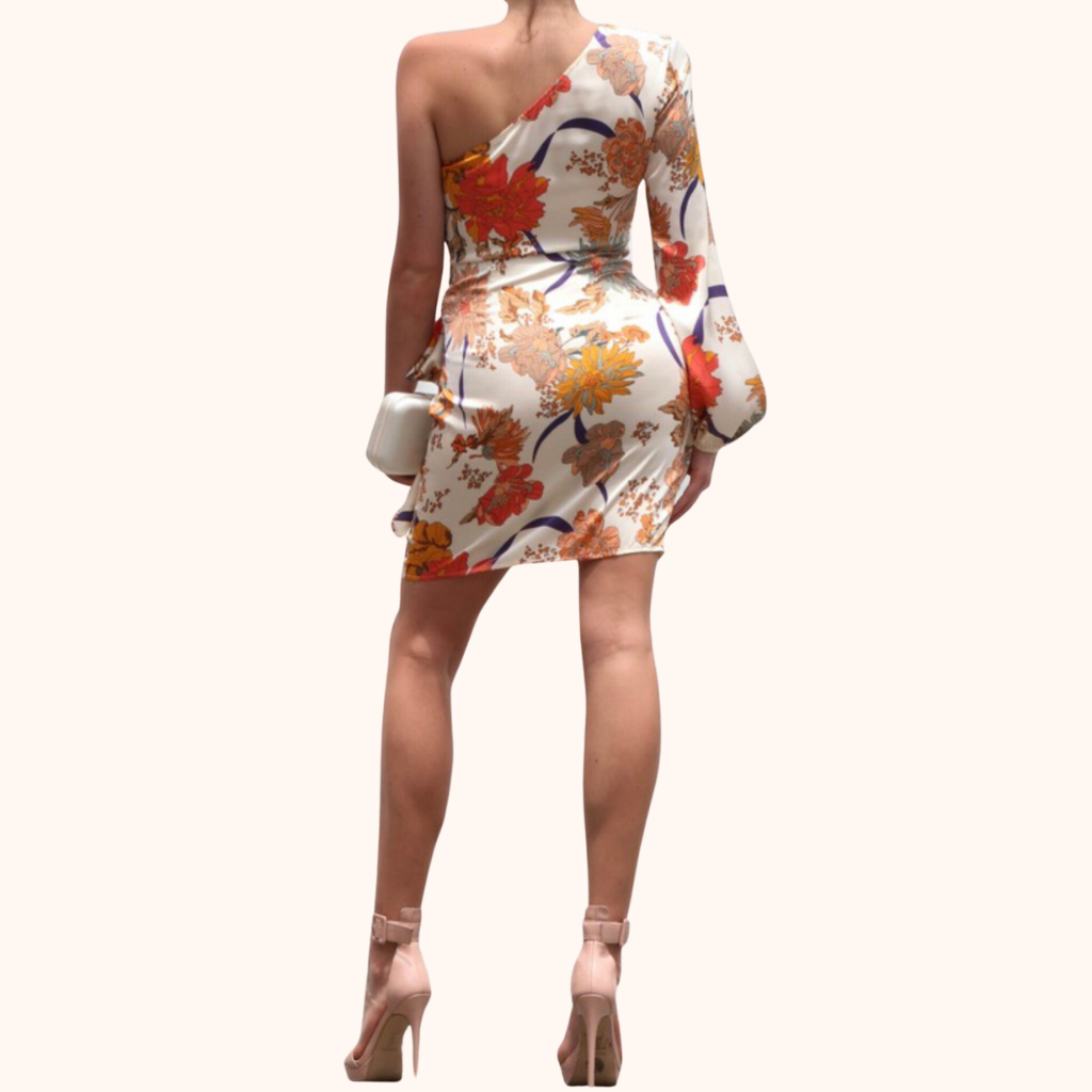 Printed One Shoulder Wrap Mini Dress.