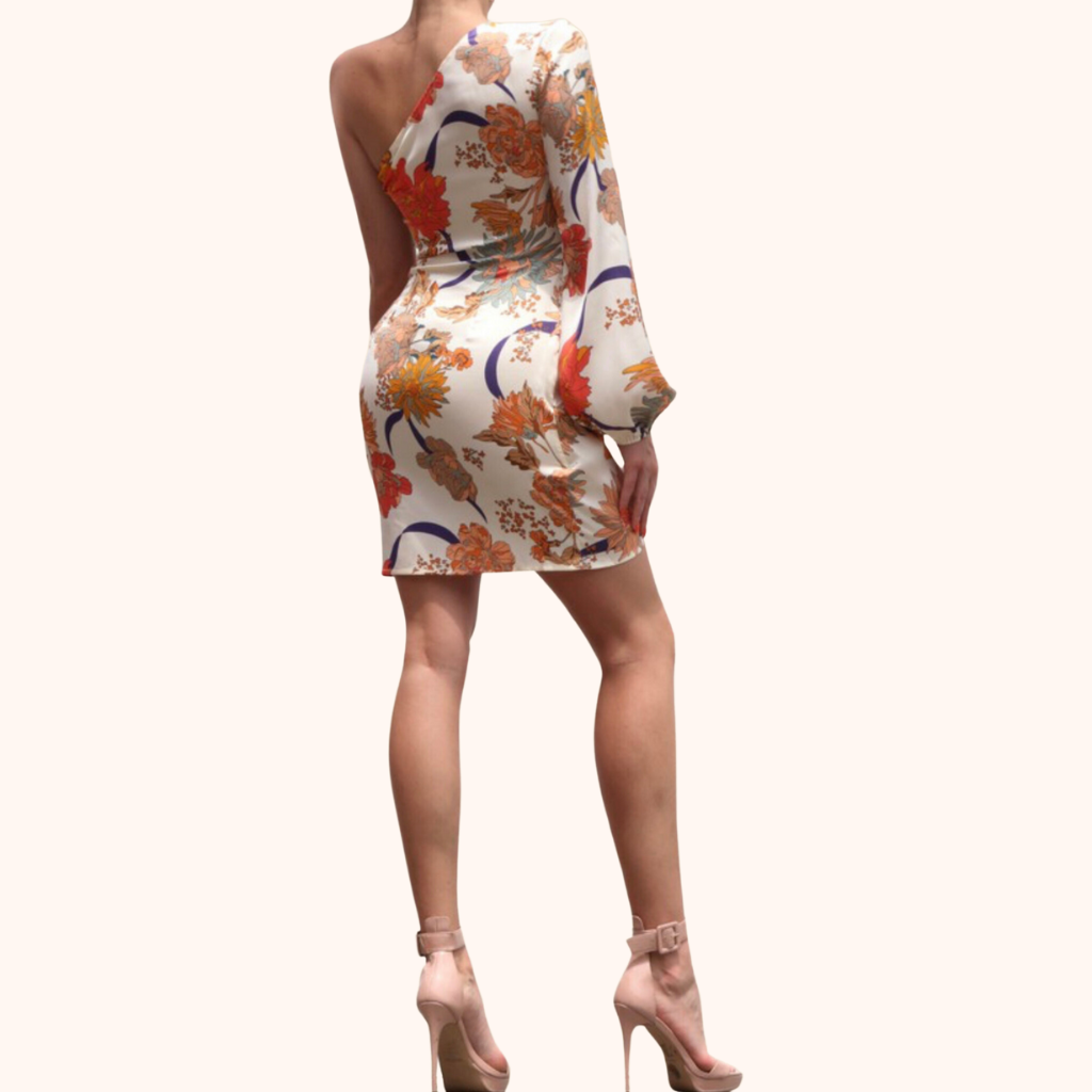 Printed One Shoulder Wrap Mini Dress.