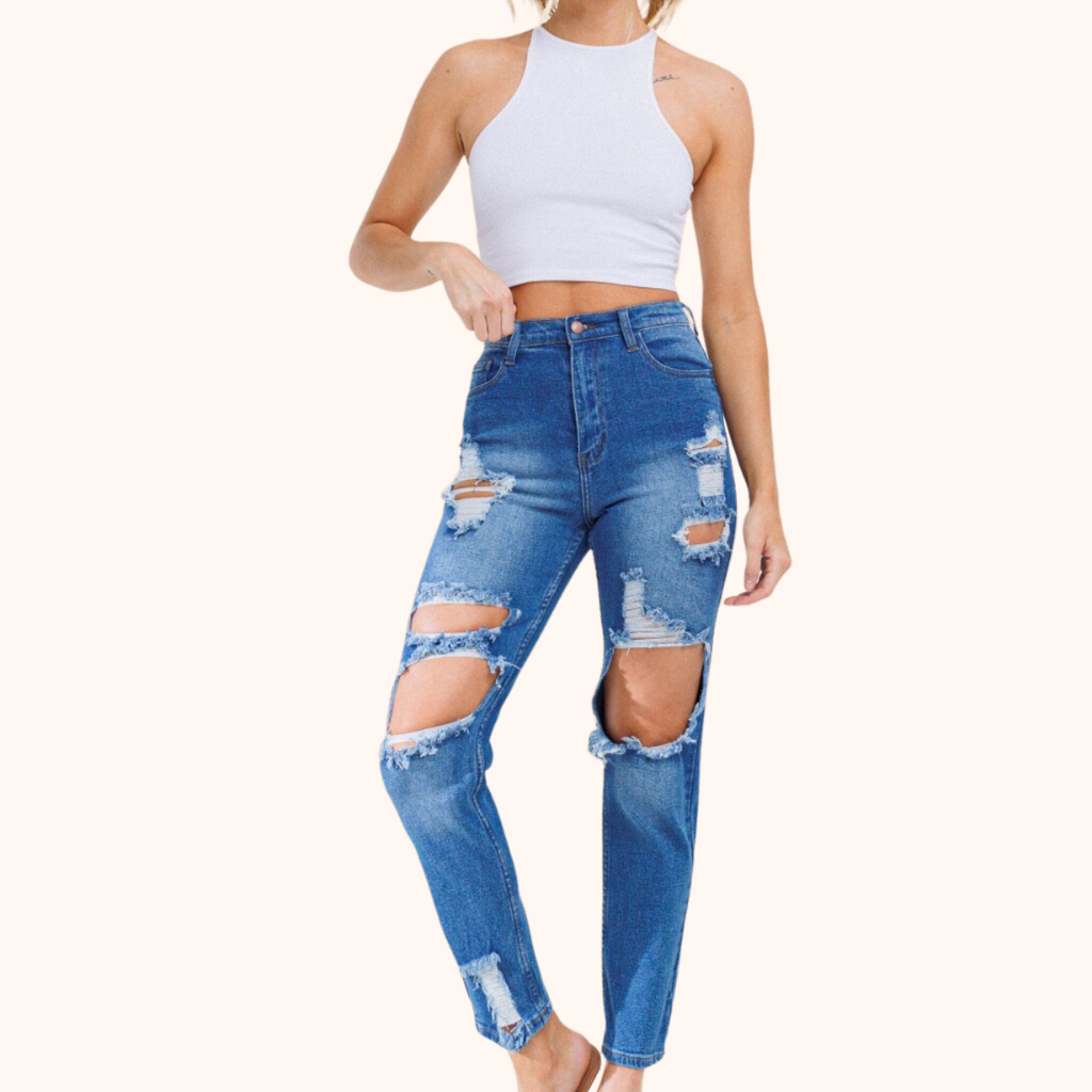 Distressed Vintage Tint Mom Jeans.