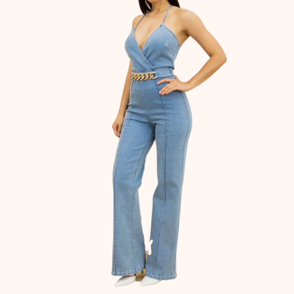 Fashion Denim Stretch Jumpsuit.