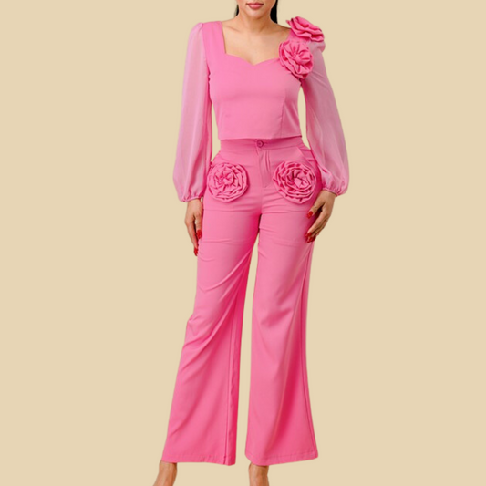 Flower Trim Square Neck Top and Pants Set