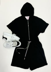 Black Zip-Front Hooded Romper.