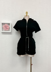 Black Zip-Front Hooded Romper.