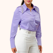 Lilac crystal rhinestone collar button down shirt