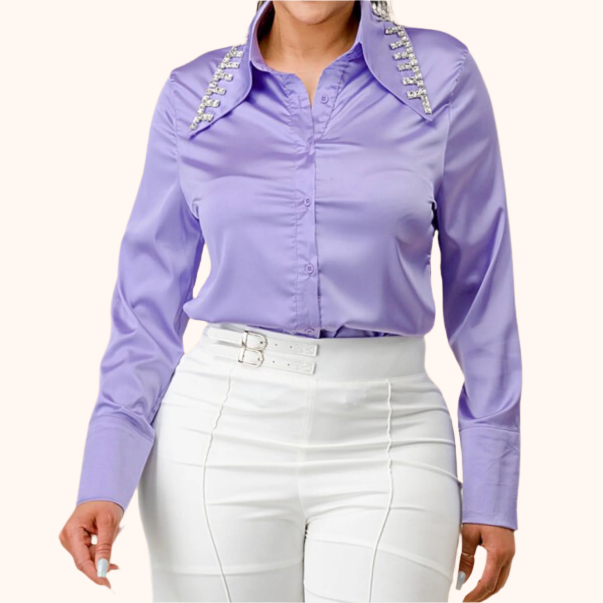 Lilac crystal rhinestone collar button down shirt