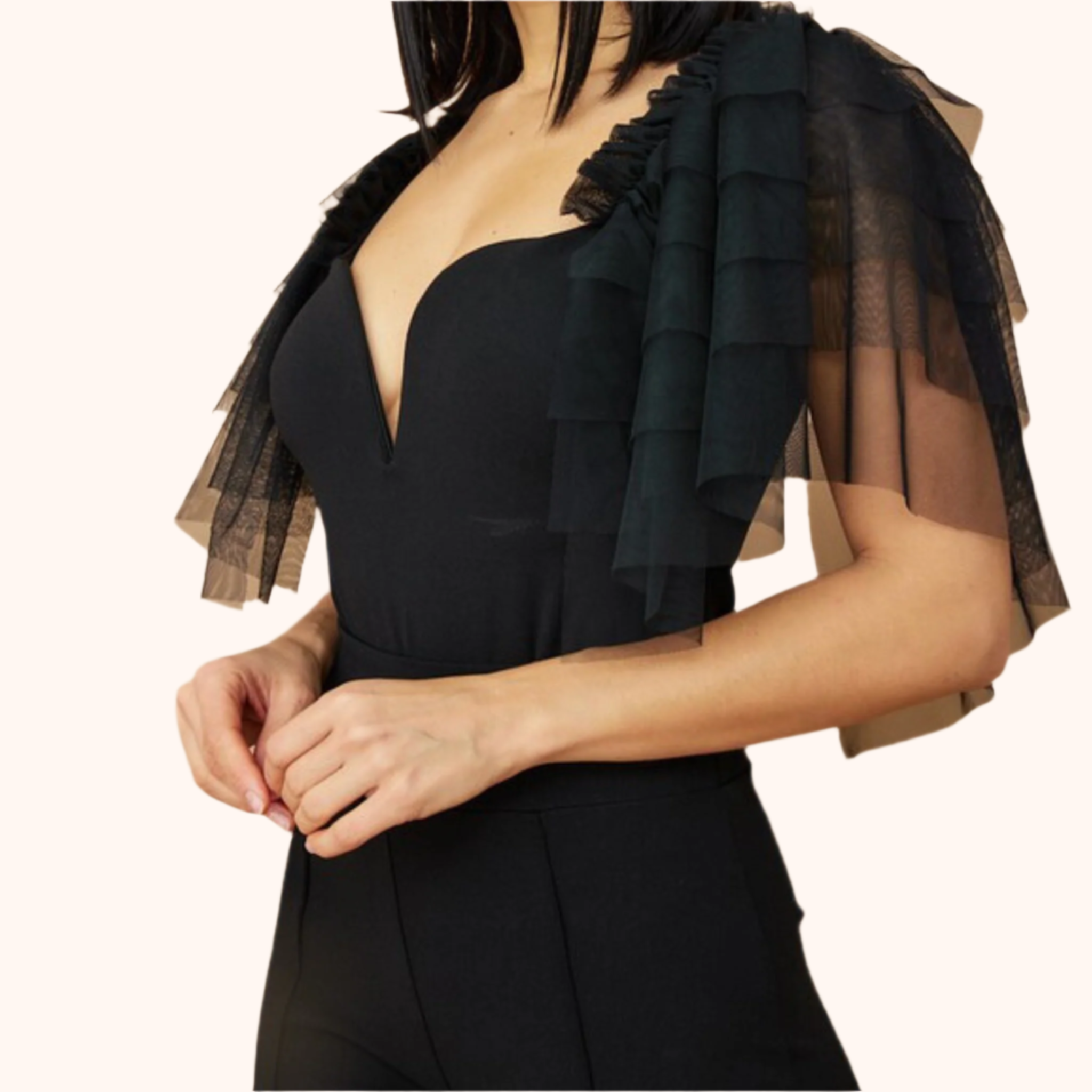 Mesh Layered Ruffle Sleeve Fashion Bodysuit