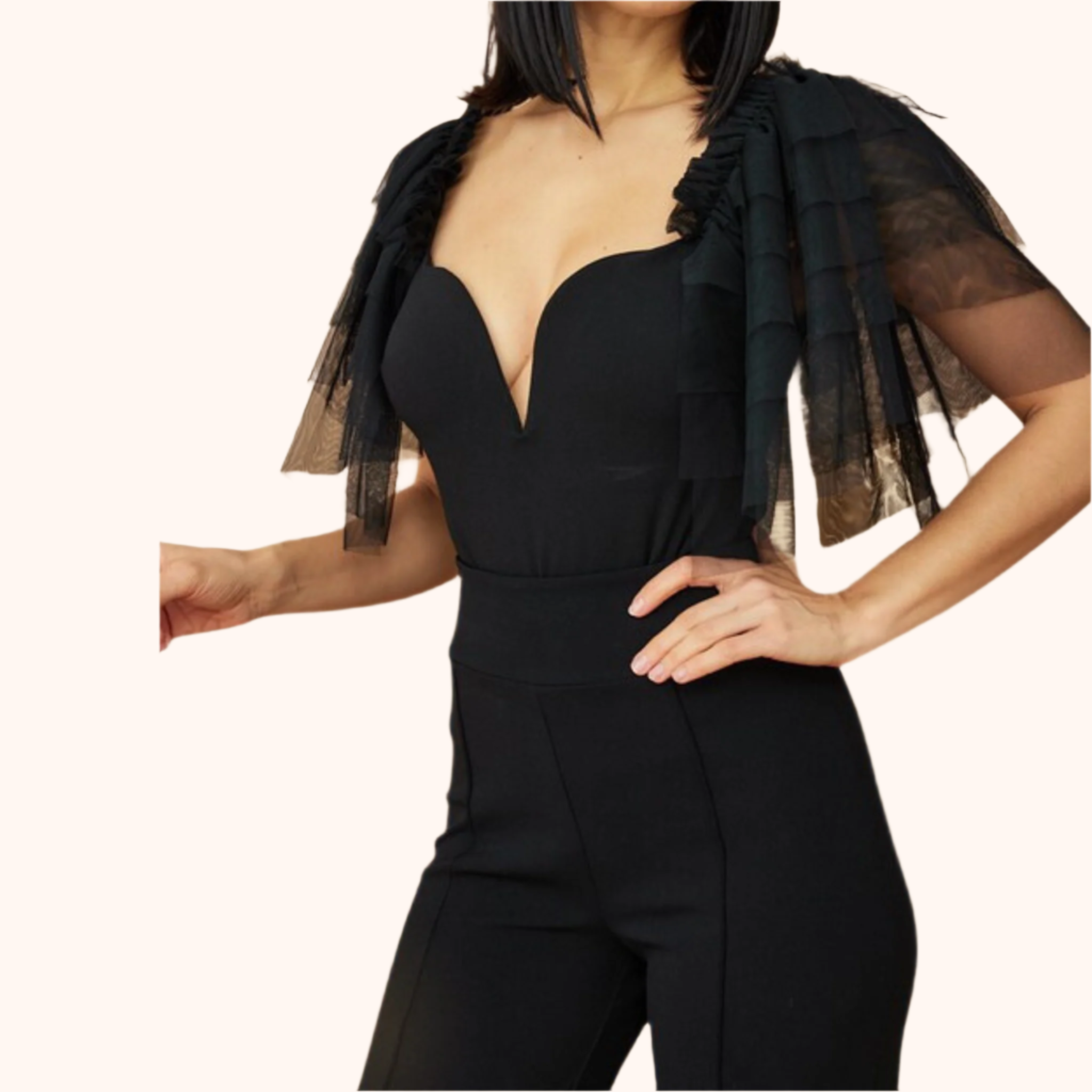 Mesh Layered Ruffle Sleeve Fashion Bodysuit