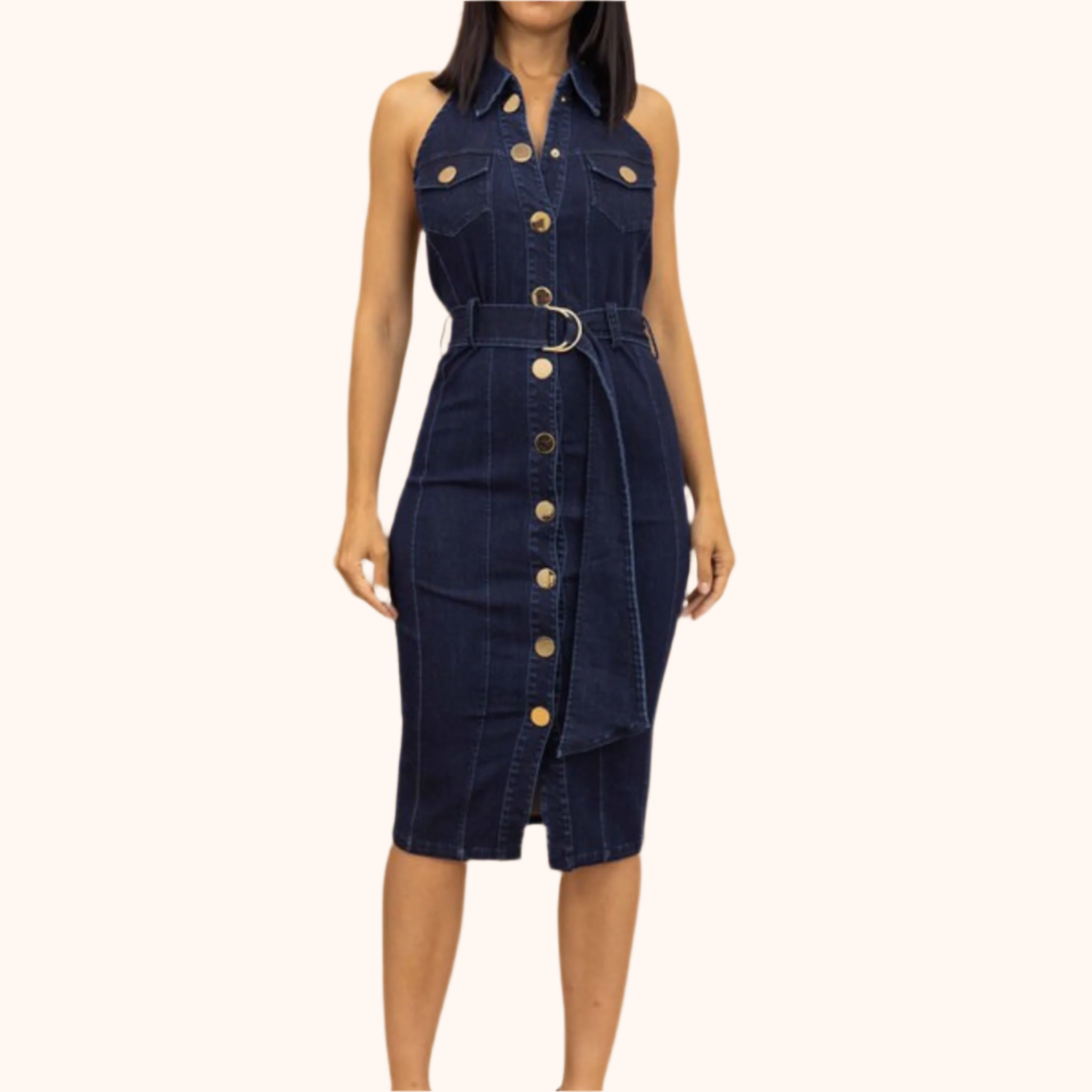 Navy Washed Denim Stretch Fashion Dress