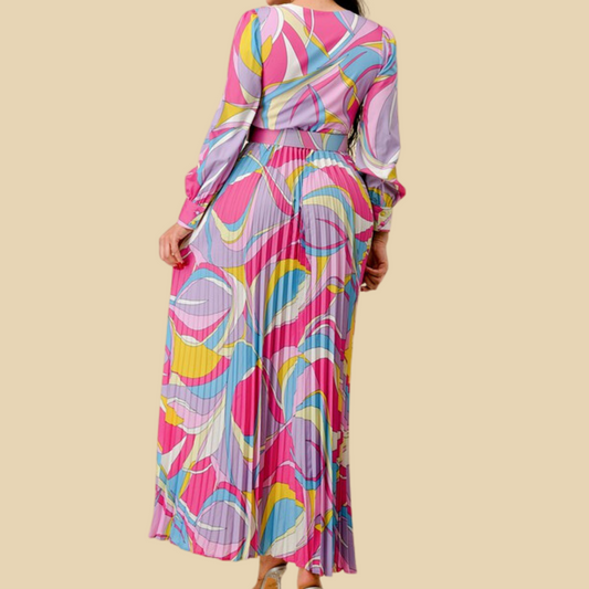 Printed Slit Detail Pleated Maxi Dress