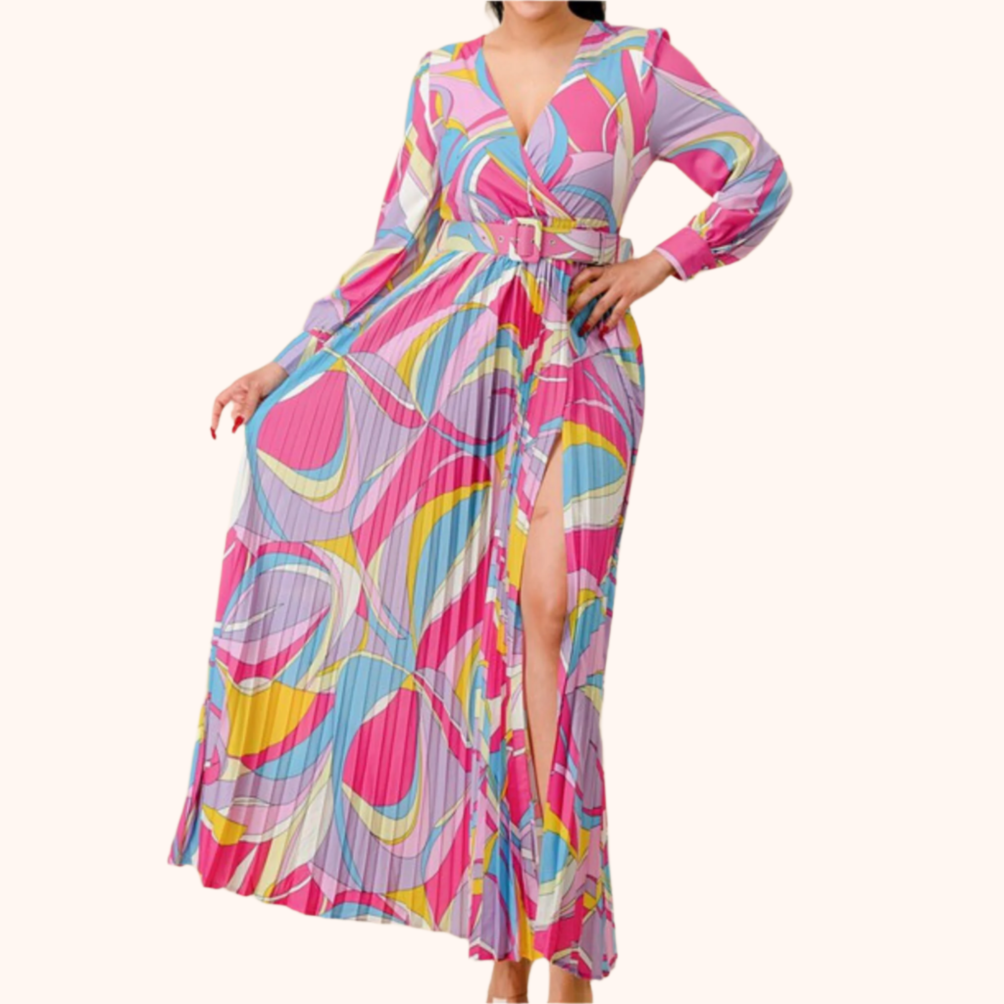 Printed Slit Detail Pleated Maxi Dress