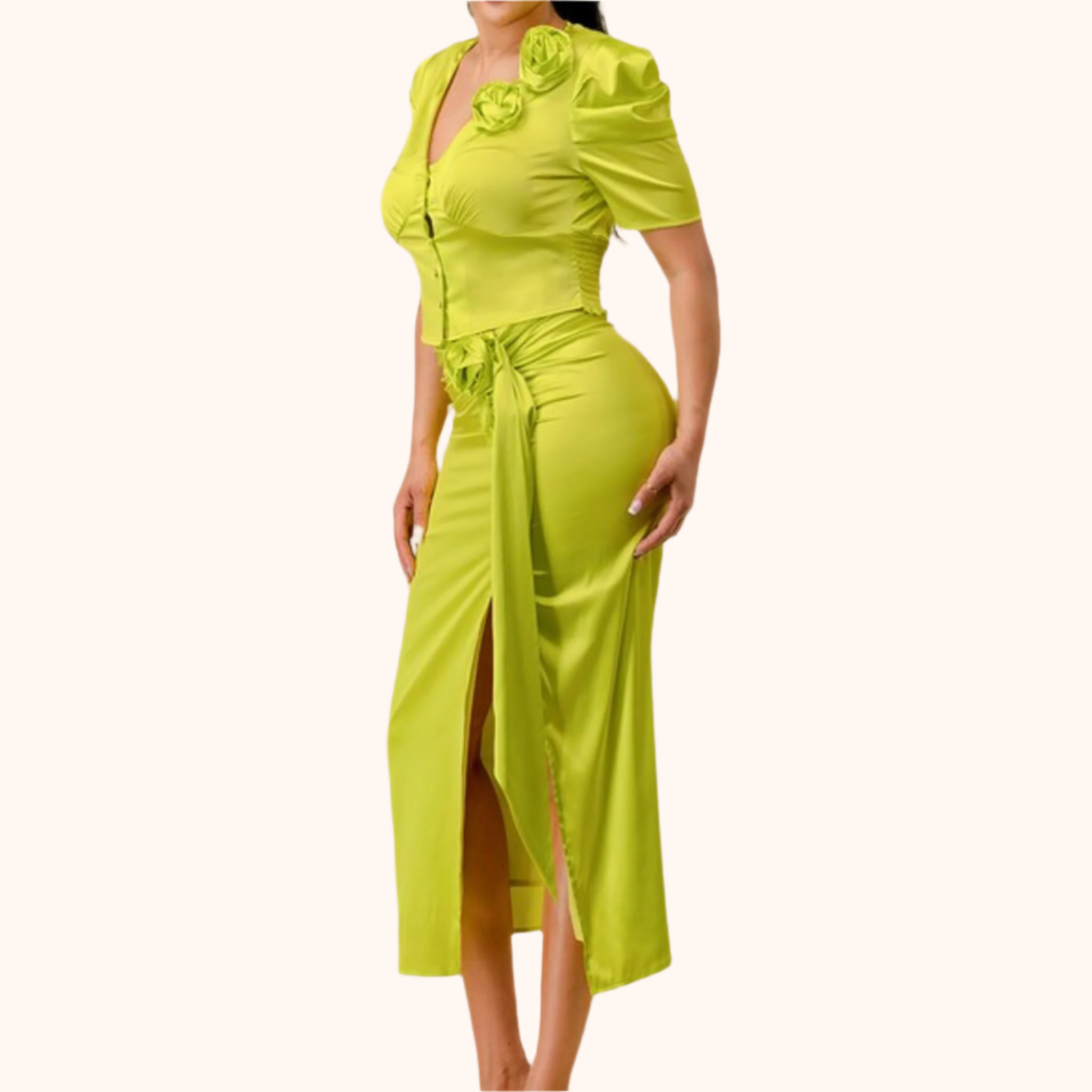 Satin 3D Flower Trim V Neck Top and Skirt Set