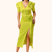 Satin 3D Flower Trim V Neck Top and Skirt Set