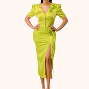 Satin 3D Flower Trim V Neck Top and Skirt Set