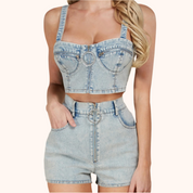 Shiny Denim Shorts Set