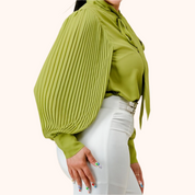 Tie Front Button Down Pleated Sleeve Blouse Top