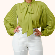 Tie Front Button Down Pleated Sleeve Blouse Top