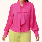 Tie Front Button Down Pleated Sleeve Blouse Top