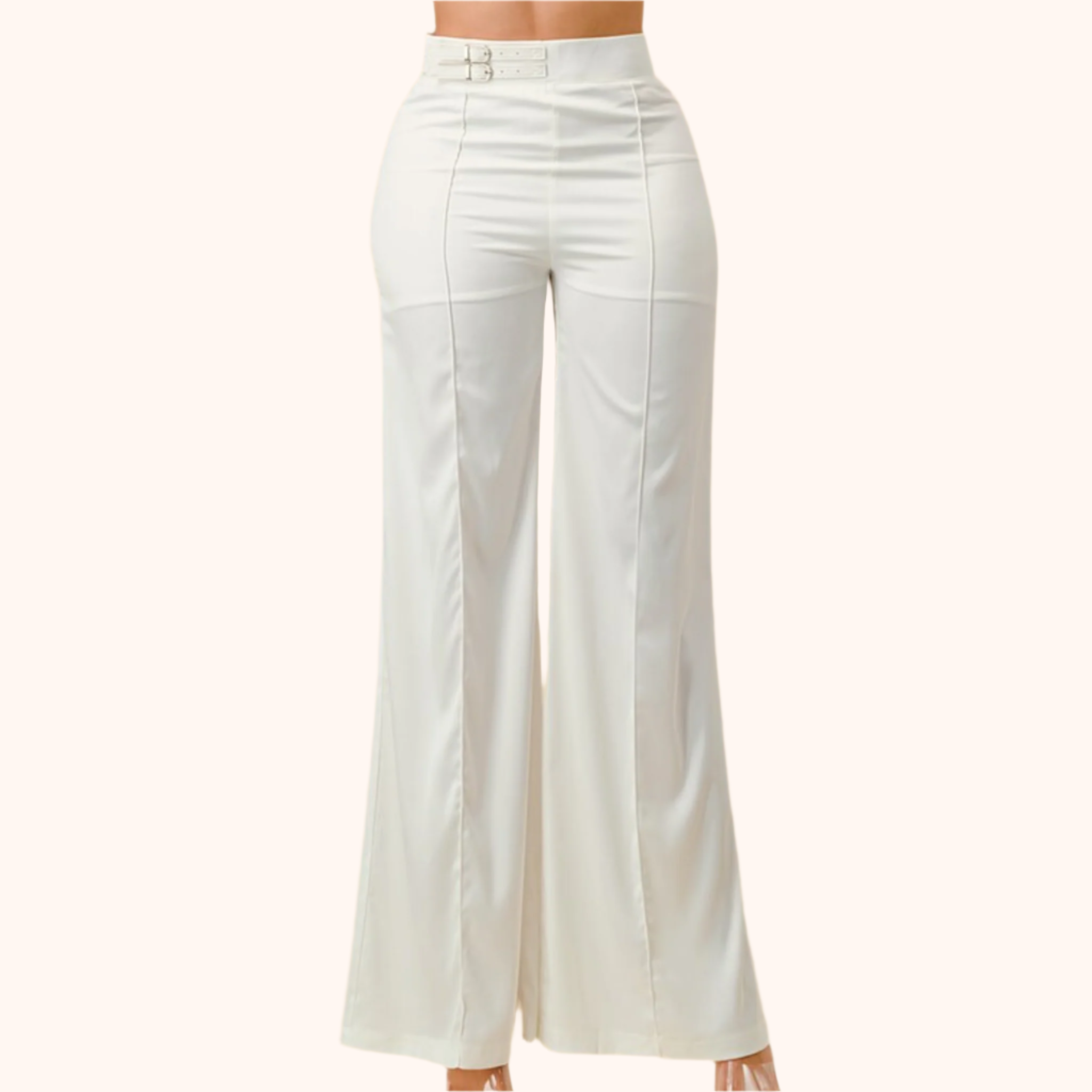 White Double Buckle Detail Wide Leg Pants