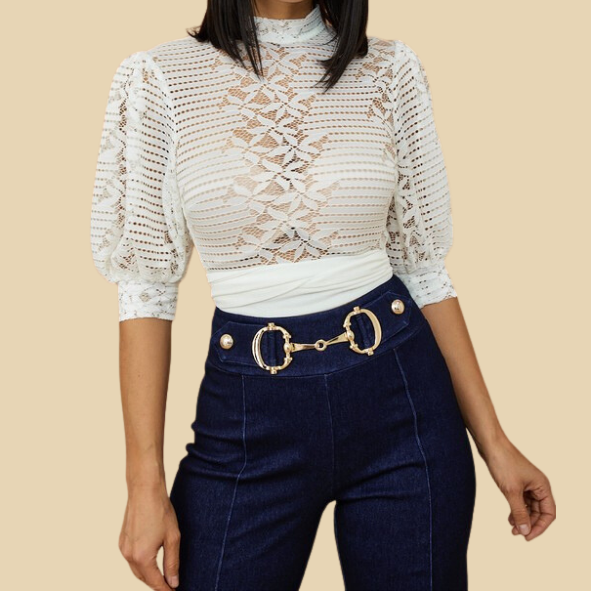 Blusa corta de encaje con mangas abullonadas blanca