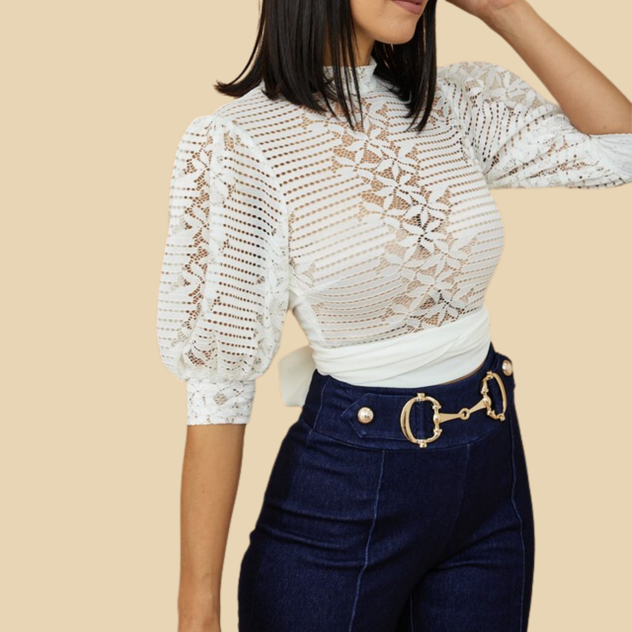 Blusa corta de encaje con mangas abullonadas blanca