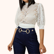 White Puff Sleeve Cropped Lace Blouse